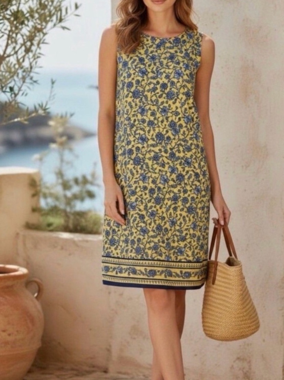 J. Jill Linen Yellow & Blue Floral Sleeveless Shift Dress